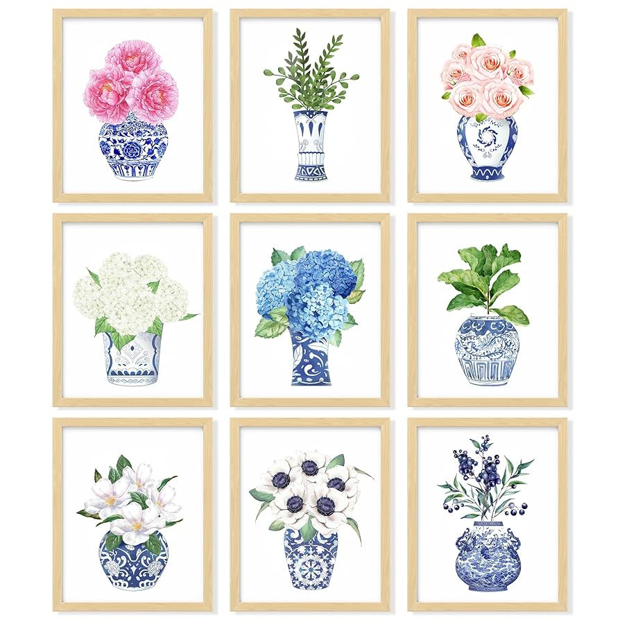 97 Decor Chinoiserie Decor - Chinoiserie Wall Art Prints, Blue White Porcelain Vase, Chinese Blue... | Amazon (US)