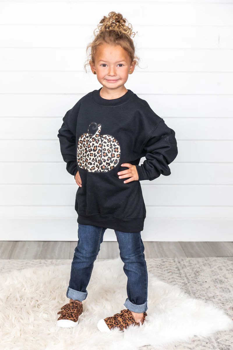 Kids Animal Print Pumpkin Graphic Black Sweatshirt | The Pink Lily Boutique
