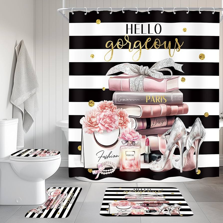 Cinbloo 4Pcs Pink Black Girls Bathroom Sets with Shower Curtain and Rugs, Fashion Flower Perfume ... | Amazon (US)