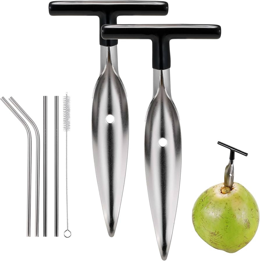 2 Pack Coconut Opener Tool Set with 4 Reusable Straws & Brush, Food Grade Stainless Steel Coco Nu... | Amazon (US)
