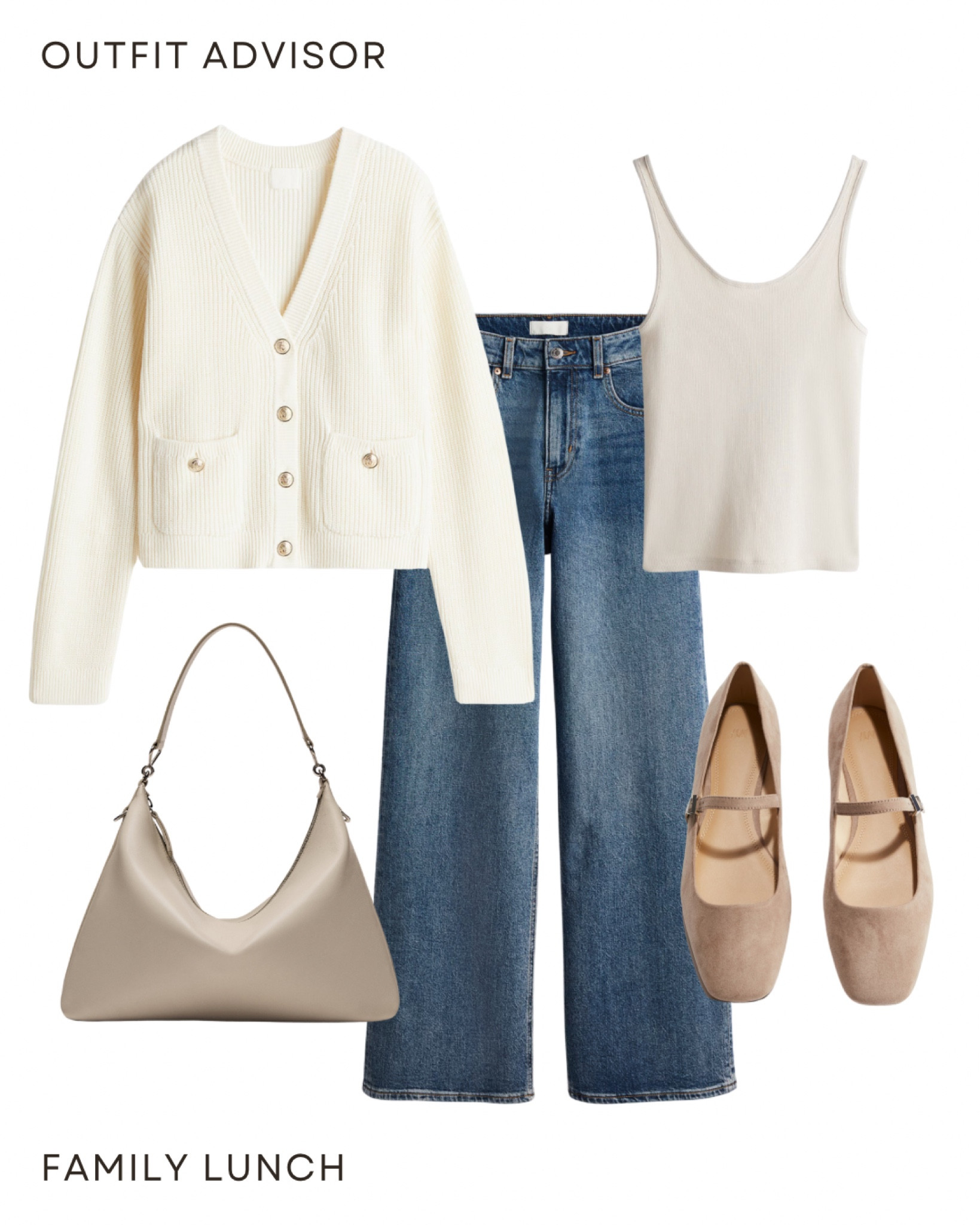 Transitional neutral outfit inspo: a white knit cardigan with gold buttons, wide leg jeans, a tank top, suede ballet flats and a shoulder bag

#LTKworkwear #LTKautumn #LTKstyletip