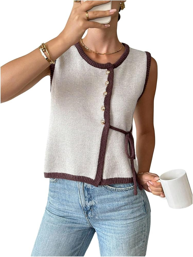 Verdusa Women's Bow Tie Button Up Sweater Vest Lightweight Sleeveless Knit Tops Elegant Work Vest | Amazon (US)