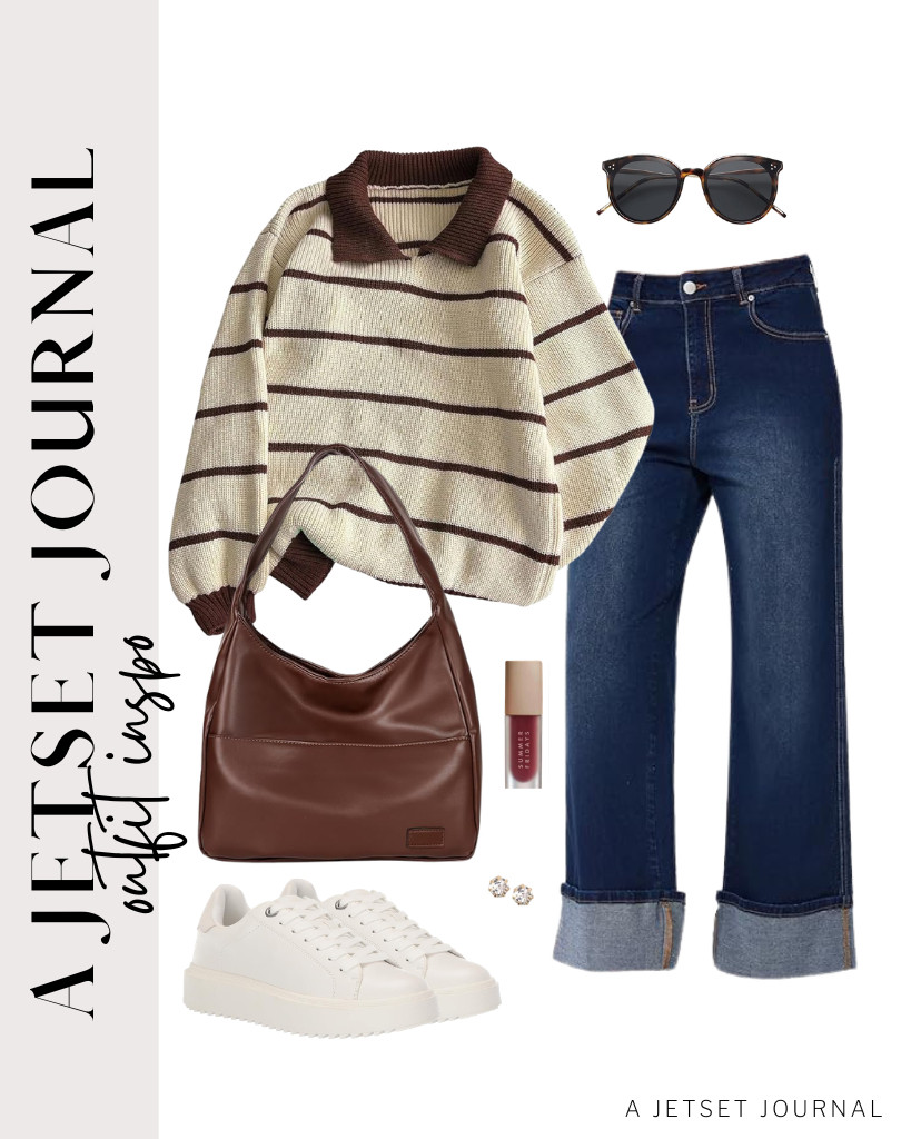Coffee-colored outfits are always a fantastic choice! I’m excited about this combination: a khaki sweater with a brown collar and stripes, paired with boyfriend jeans and a chic brown shoulder bag. Top it off with stylish Charlie sneakers and trendy SOJOS sunglasses, and you’re all set for running errands or going out for coffee! 

 #LTKSeasonal #LTKSaleAlert #LTKTravel