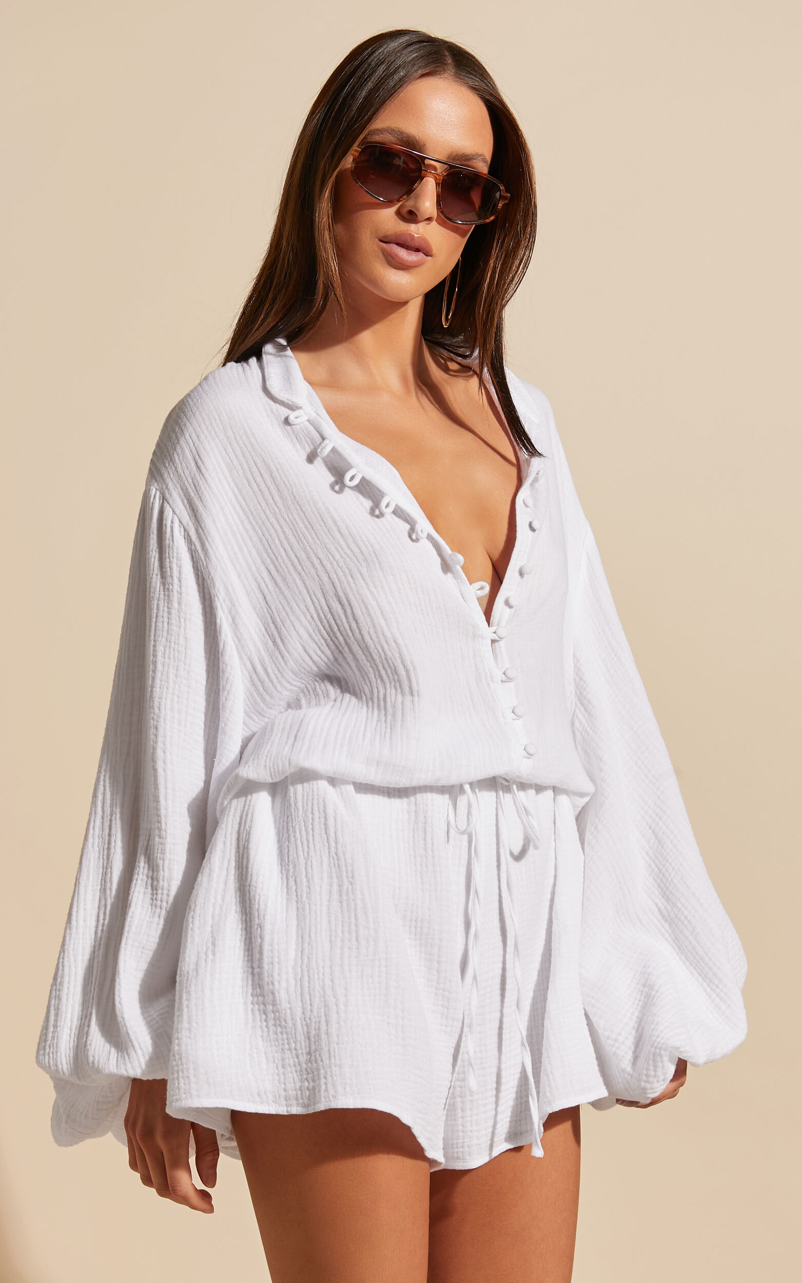 Laylani Playsuit - V Neck Puff Sleeve in White | Showpo (US, UK & Europe)