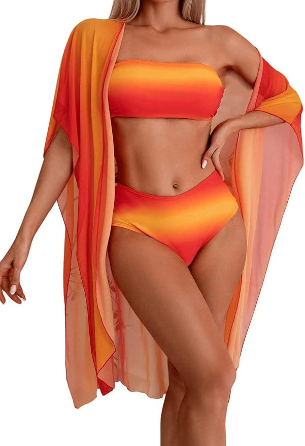 OYOANGLE Women's 3 Piece Swimsuits Ombre Strapless Bandeau Beachwear Bikini Sets with Sarong Cove... | Amazon (US)