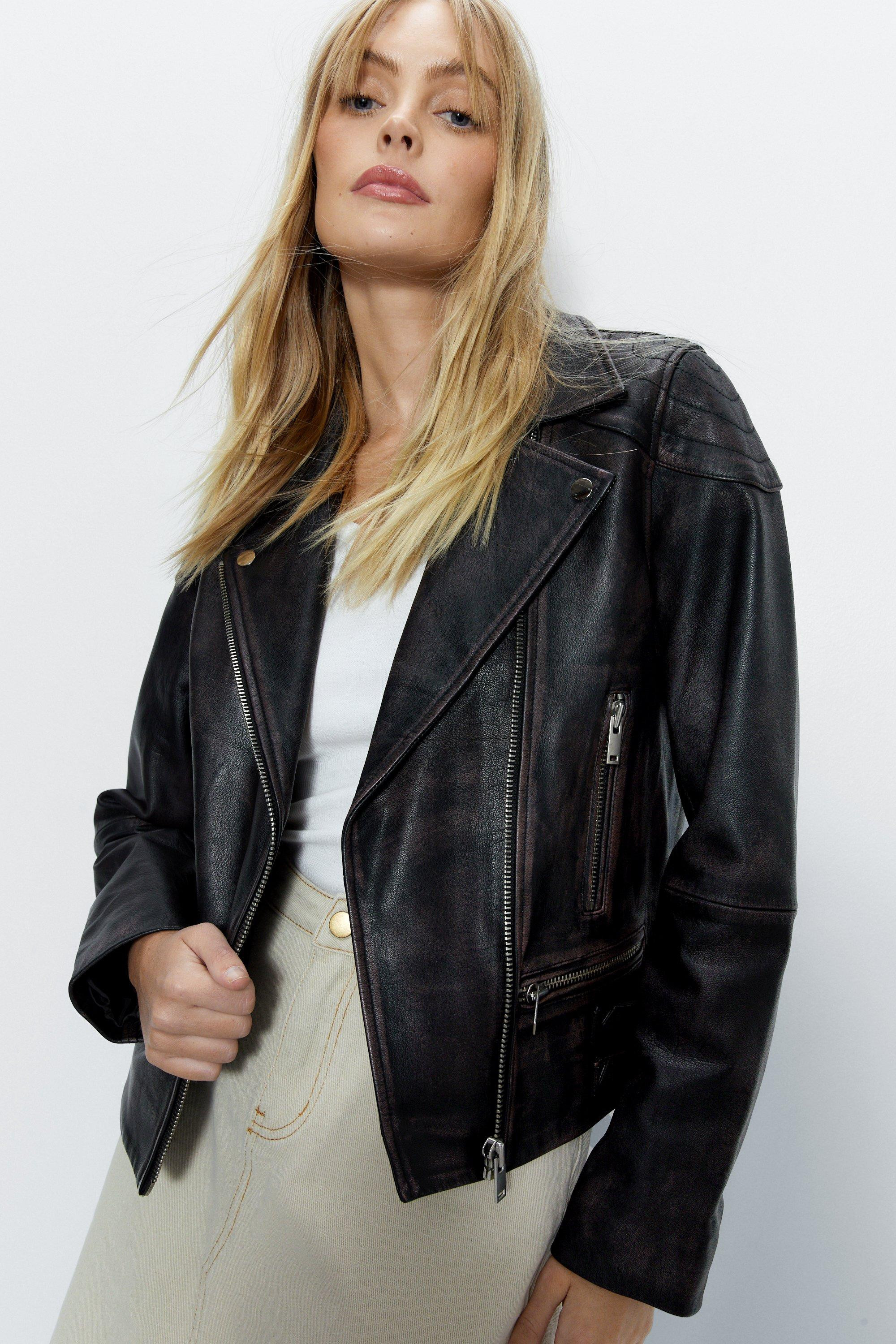 Real Leather Washed Biker Jacket | Warehouse UK & IE