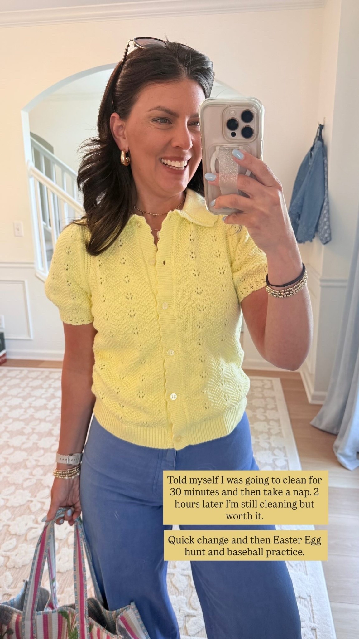 Told myself I was going to clean for 30 minutes and then take a nap. 2 hours later I’m still cleaning but worth it. 

Quick change and then Easter Egg hunt and baseball practice.