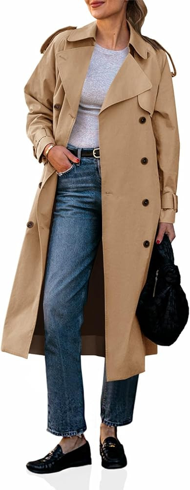 Cicy Bell Womens Long Trench Coat Double Breasted Classic Lapel Fall Overcoat with Belt | Amazon (US)