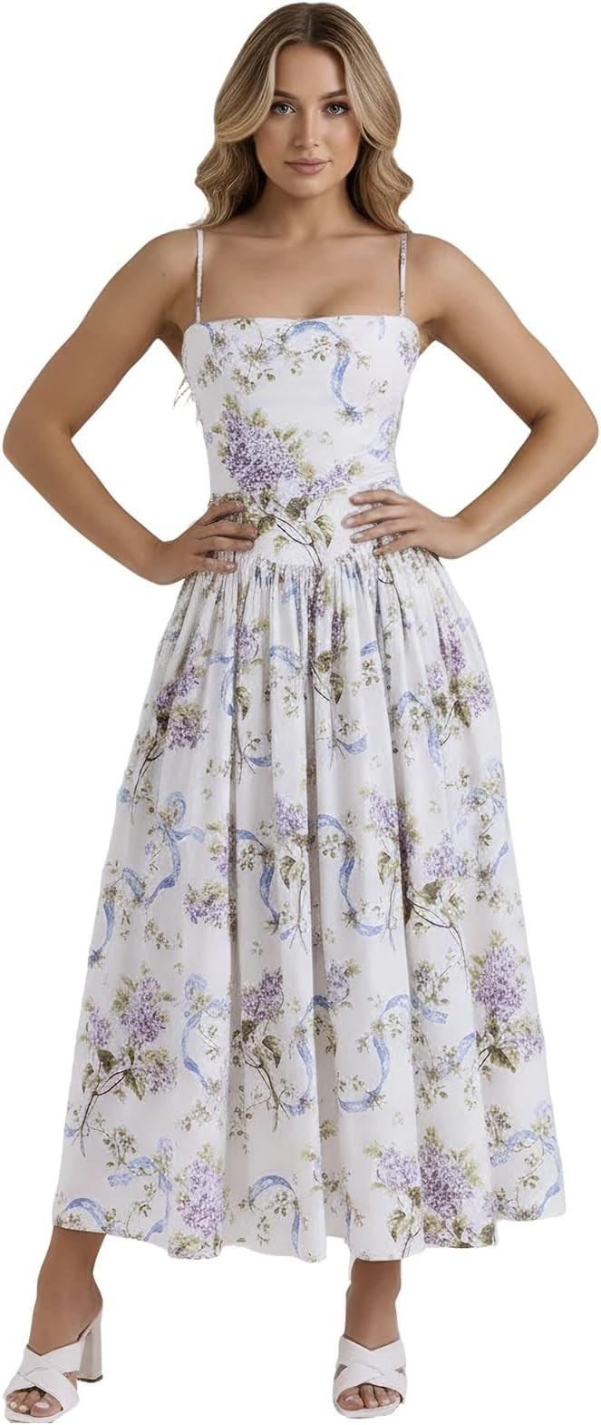 Women’s Floral Corset Midi Dress Square Neck Spaghetti Strap Flowy A-Line Boho Sundress Wedding... | Amazon (US)