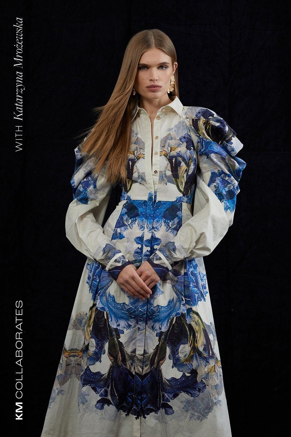 Mirrored Floral Cotton Sateen Midi Dress | Karen Millen UK + IE + DE + NL