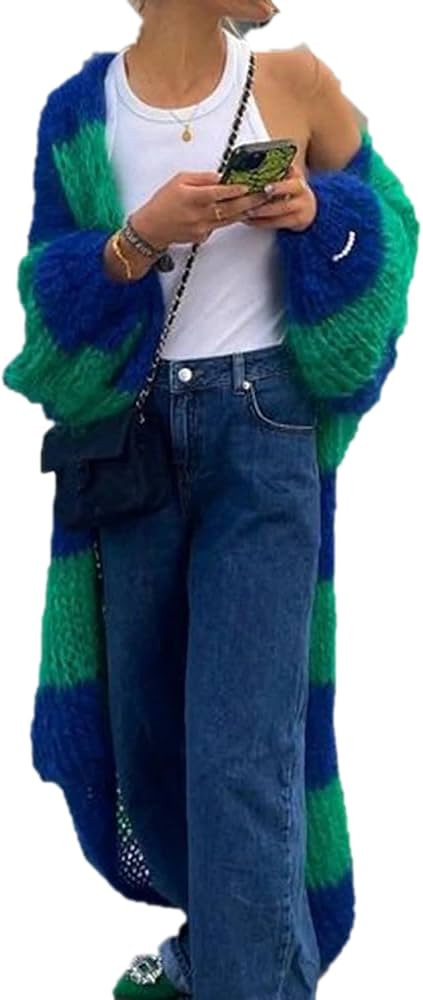 Women Contrast Color Stripe Fuzzy Chunky Knit Long Open Front Cardigan Sweater Loose Slouchy Lant... | Amazon (US)
