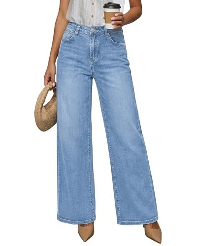 LookbookStore Womens Casual Denim Pants High Waisted Wide Leg Baggy Jeans for Woman Wide Leg Denim Pants Stretchy Cute Bay Blue Size Small Size 4 6 | Amazon (US)