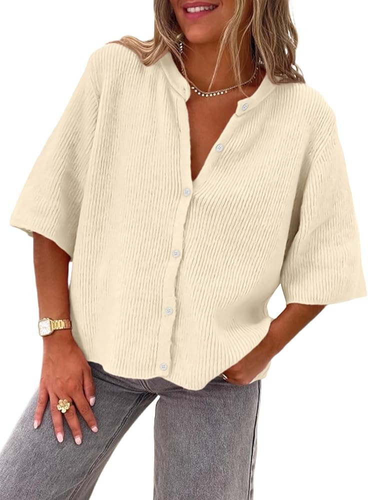 LILLUSORY Short Sleeve Cardigan Sweaters for Women 2025 Summer Cropped Button Up Sweater Tops Cas... | Amazon (US)