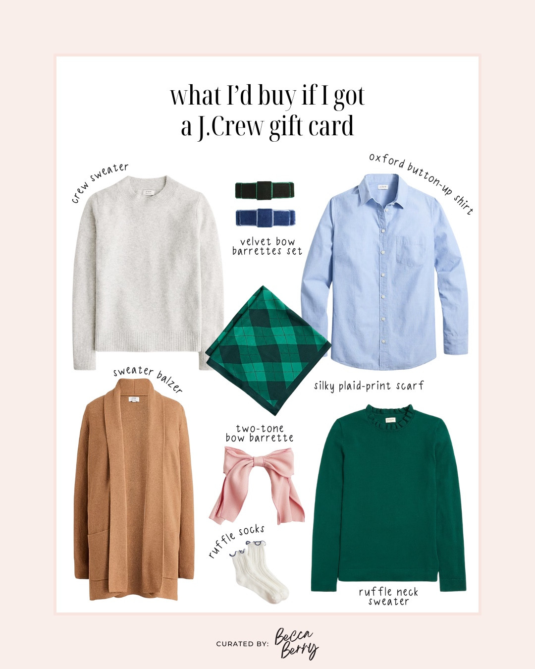 What I’d buy from J.Crew Factory with a gift card (great for the corporate girlie) 🤍
* Classic crewneck sweater
* Sweater blazer
* Ruffle neck sweater
* Oxford button-up shirt
* Velvet barrettes
* Plaid silky scarf
* Two-tone bow barrette
* Ruffle socks

#LTKFindsUnder100 #LTKWorkwear #LTKMidsize