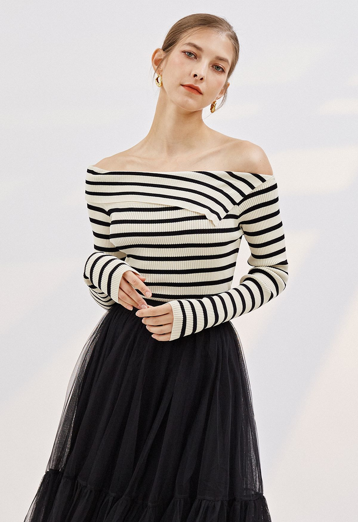Folded Off-Shoulder Striped Knit Top in Black | Chicwish