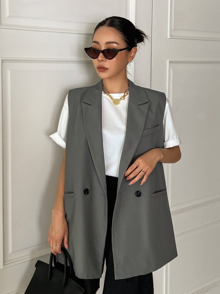 DAZY Women Business Casual Solid Color Lapel Neck Double-Breasted Sleeveless Blazer Jacket, Autumn | SHEIN