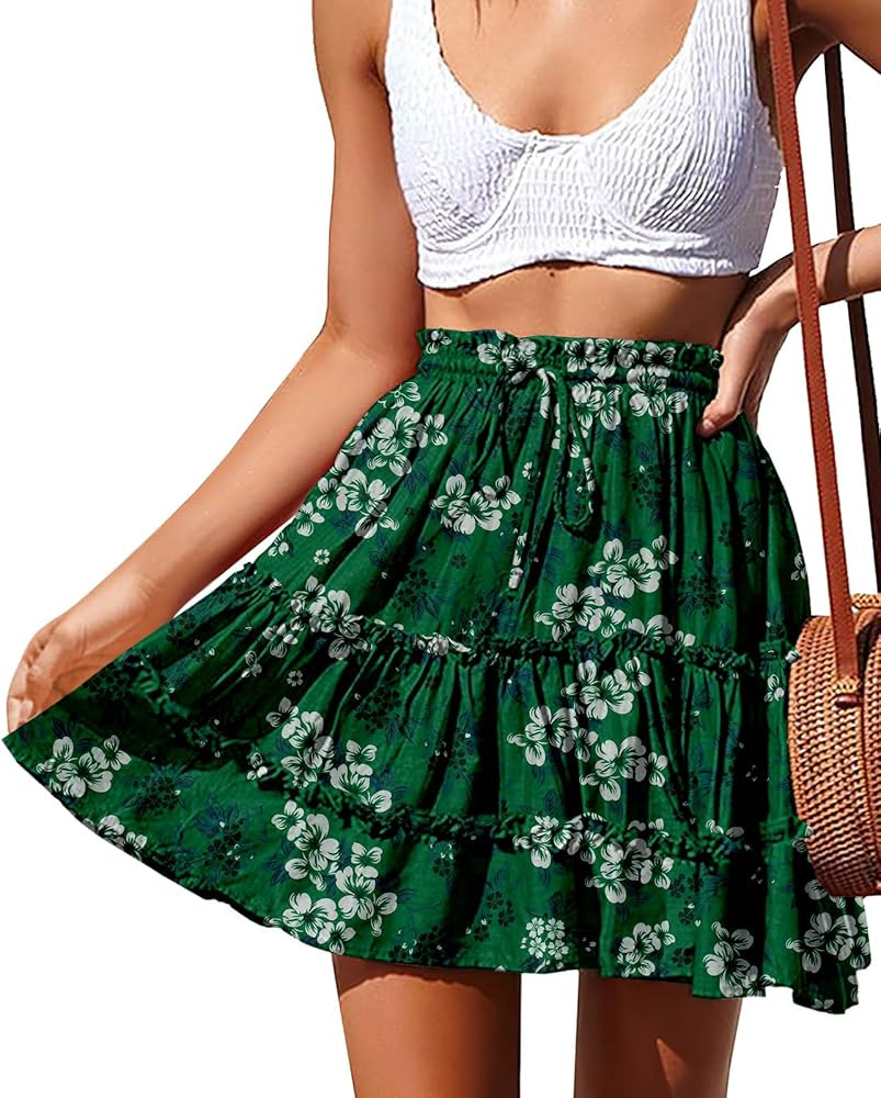 NASHALYLY Women's Summer Boho Floral Print Mini Skirt High Waist Drawstring Tiered Skirts | Amazon (US)