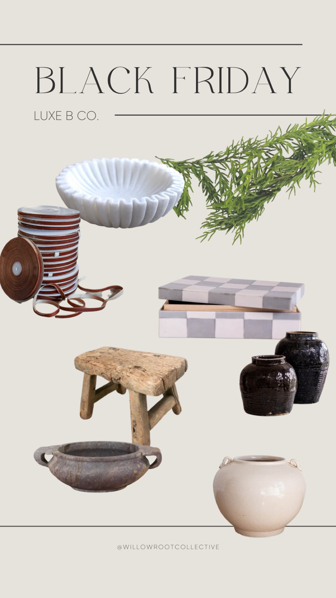 Luxe B Co Black Friday sale. Norfolk pine garland, decorative marble scallop bowl, velvet ribbon, checkered decorative box, vintage crocks, vintage wooden stool, decorative bowls

#LTKhome #LTKCyberWeek #LTKsalealert