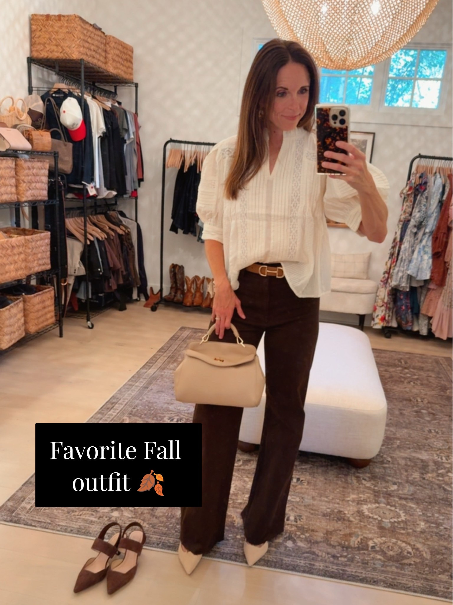 Fall outfit with chocolate brown flare jeans, a lace puff sleeve top, my favorite suede sling back heels and taupe purse! ✨🍂

#LTKSeasonal #LTKgrwm #LTKmomlife