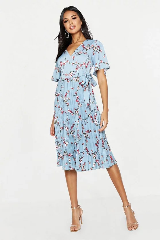 Floral Print Pleated Midi Skater Dress | Boohoo.com (US & CA)