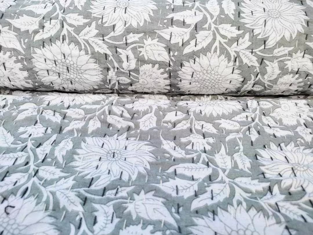 Grey Kantha Quilt Queen Sofa cover gray pattern gray kantha quilt queen  gray and white quilt han... | Etsy (US)