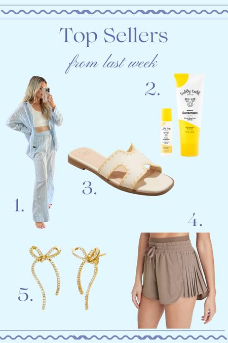 These were your most loved items of last week! 
1. 100% cotton pajamas. They run oversize so if you are between sizes, size down.
2. Clean sunscreen, only active ingredient is zinc so safe for you and kids 
3. The prettiest summer slide under $30.
4. Beau earrings, these are so cool because they give the illusion at the bow is going through your ear. I got so many compliments on them at wedding! They’re currently on sale.
5. The absolute best shorts ever, they are flattering on sale for only $16 !! 

#LTKSaleAlert #LTKStyleTip #LTKActive
