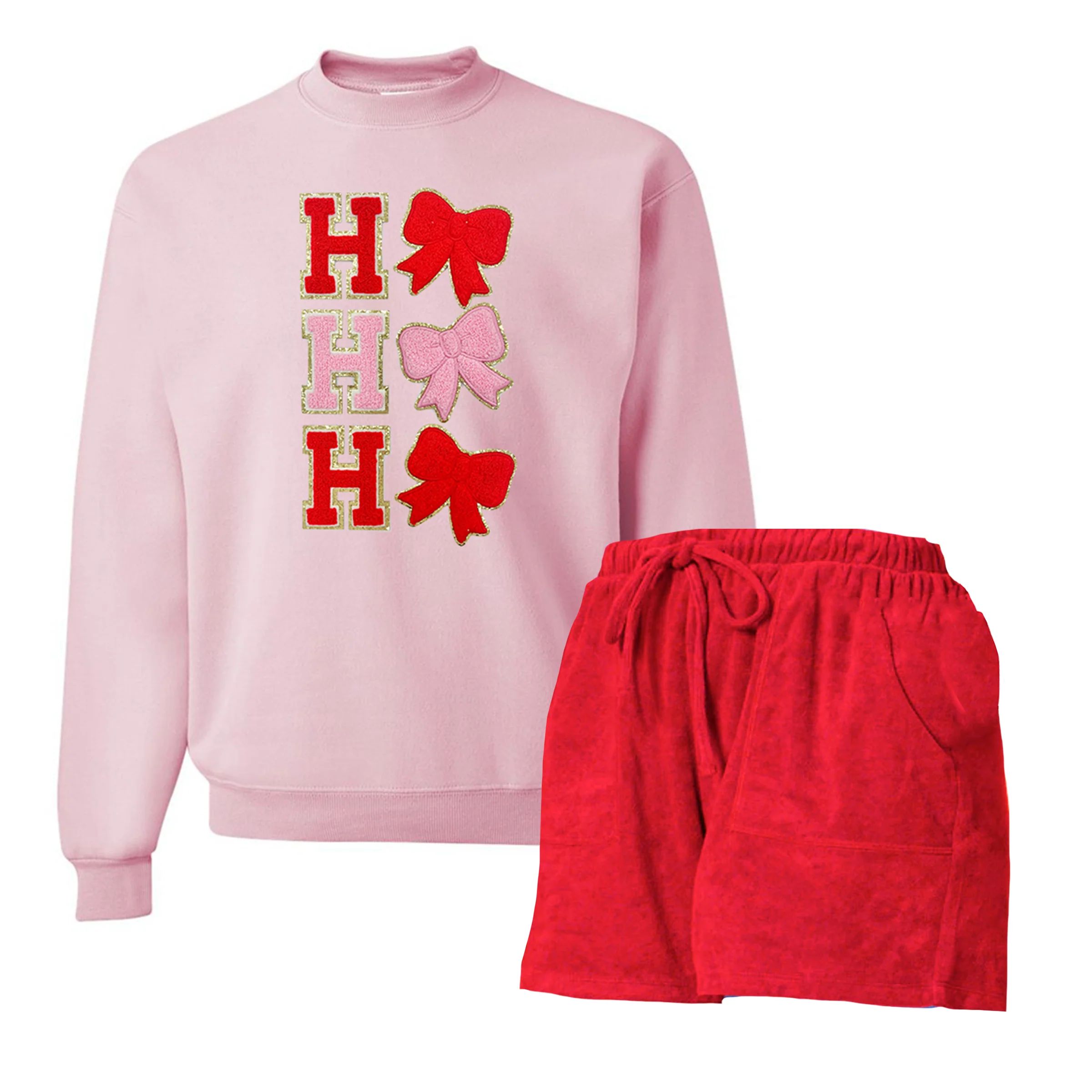 Ho Ho Ho Bows Letter Patch Sweatshirt + French Terry Shorts Set | United Monograms