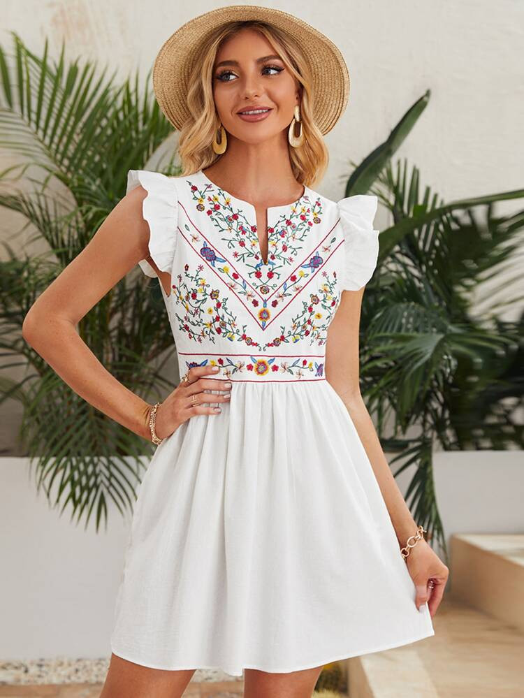 SHEIN Floral Embroidered Butterfly Sleeve Dress | SHEIN