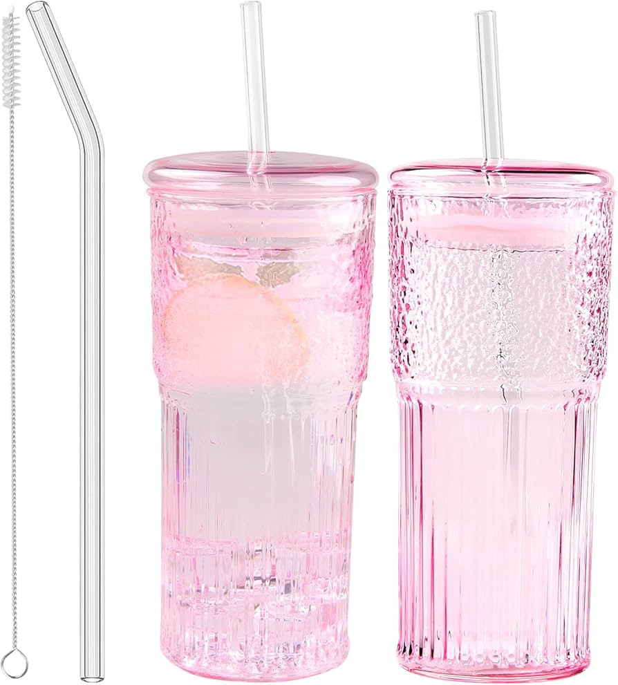 Glass Coffee Cups with Lids and Straws, 20 OZ Pink Iced Water Glasses Tumblers for Ice Juice, Tea... | Amazon (US)