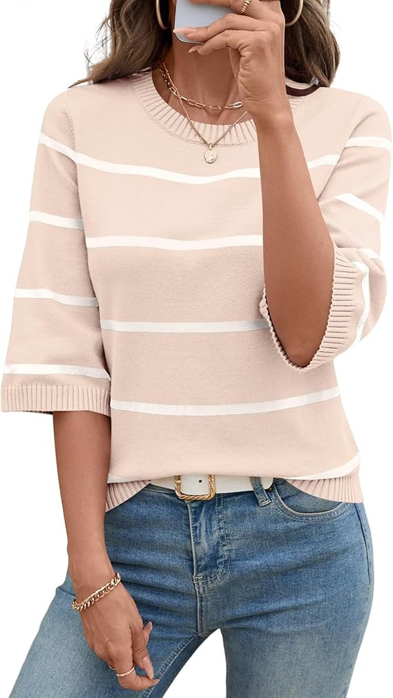 LOMON Womens Sweaters Casual Fall 2025 Crew Neck Striped 3/4 Sleeve Lightweight Knit Trendy Pullo... | Amazon (US)
