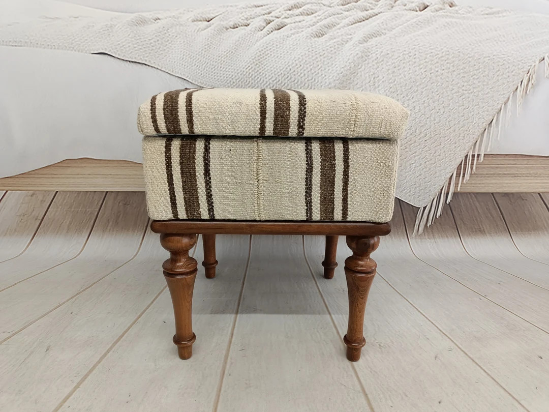 Bedroom Pouffe, Footstool Bench, Striped Kilim Bench, Antique Table, Upholstered Bench, Ottoman K... | Etsy (US)