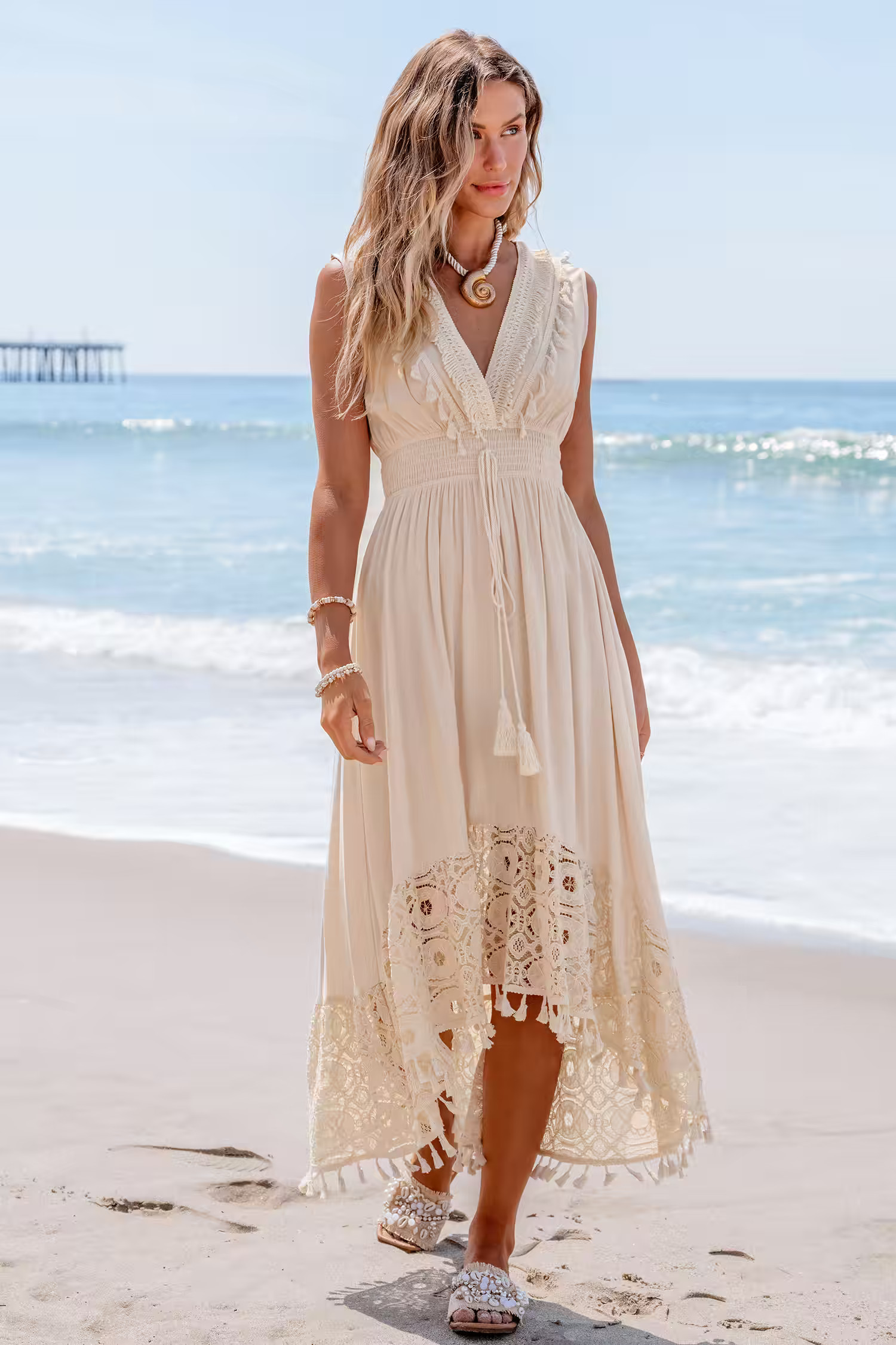 NewBeige Lace & Tassel Sleeveless Midi Dress | Cupshe US