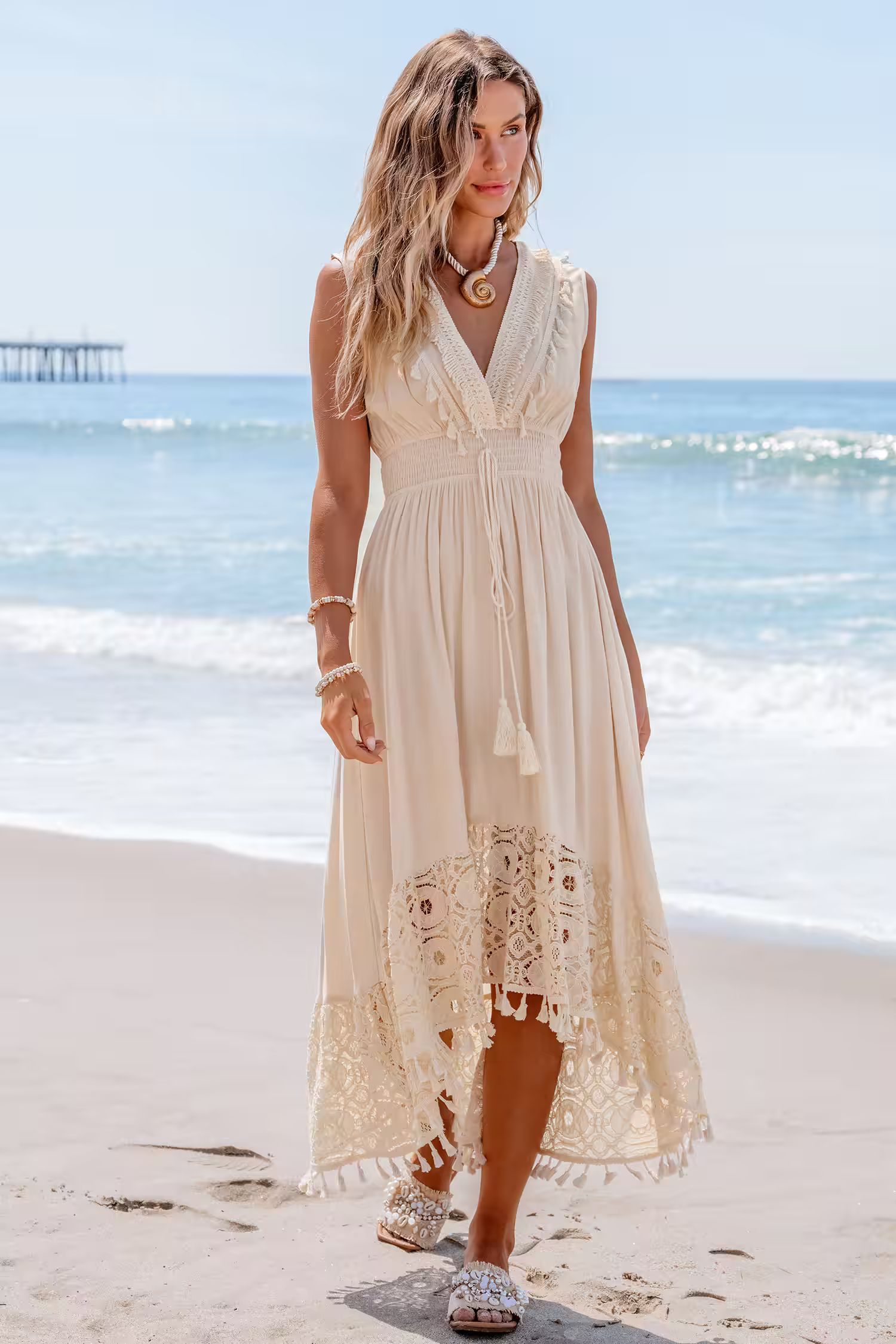 NewBeige Lace & Tassel Sleeveless Midi Dress | Cupshe US