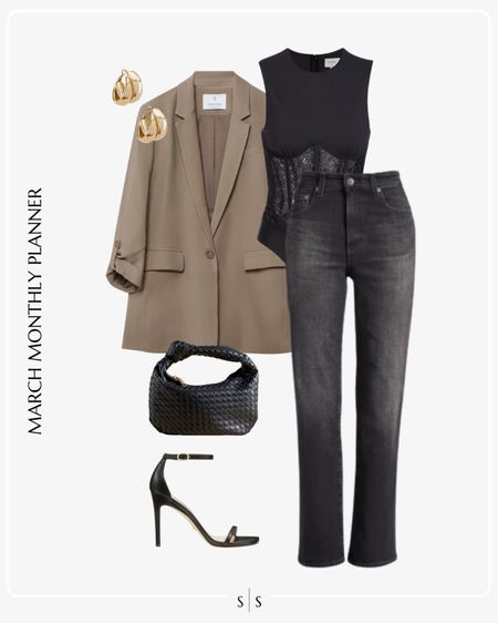 Monthly outfit planner: MARCH: Winter to Spring transitional looks | oversized blazer, sheer lace bodysuit, straight black jeans, open toe heeled sandals, knot handbag 

Date night outfit, Happy Hour 

See the entire calendar on thesarahstories.com ✨ 


#LTKstyletip