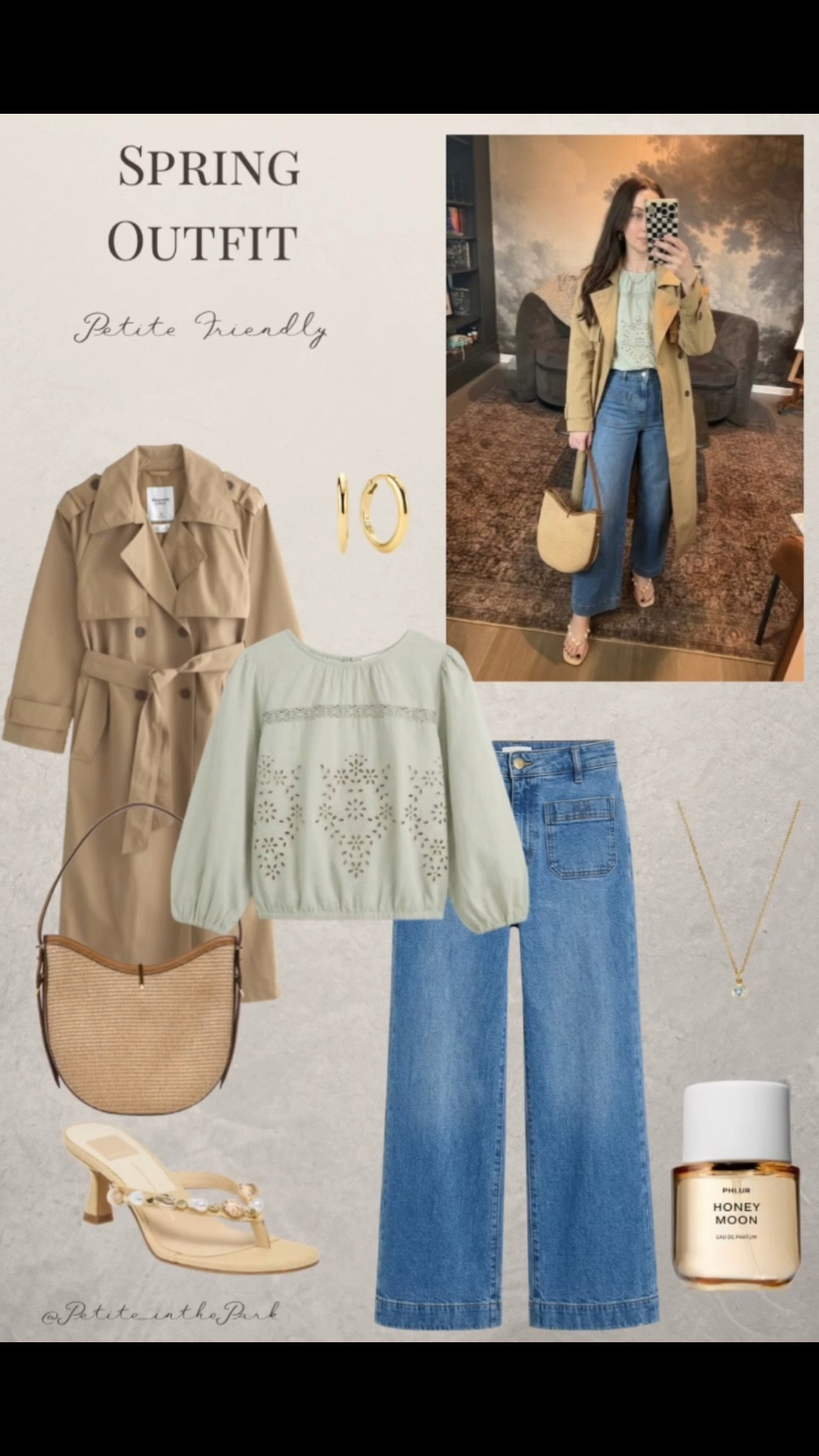 Spring petite outfit  

Spring outfit, spring trends, casual spring outfit, petite spring outfit, spring fashion, spring style, petite style, petite spring style, casual petite outfit, minimal outfit, minimal spring outfit, trench coat, petite coat, long coat, green top, spring top, lace top, high waisted pants , petite pants, cropped pants , heels, rattan heels, embellished heels , shoulder bag, rattan bag, tan bag, tan purse, gold earrings, gold hoop earrings, gold necklace, minimal jewelry  #casualoutfit #petiteoutifts #springoutfits #springoutfits2026 #springtrends 


#LTKootd #LTKSeasonal #LTKPetite