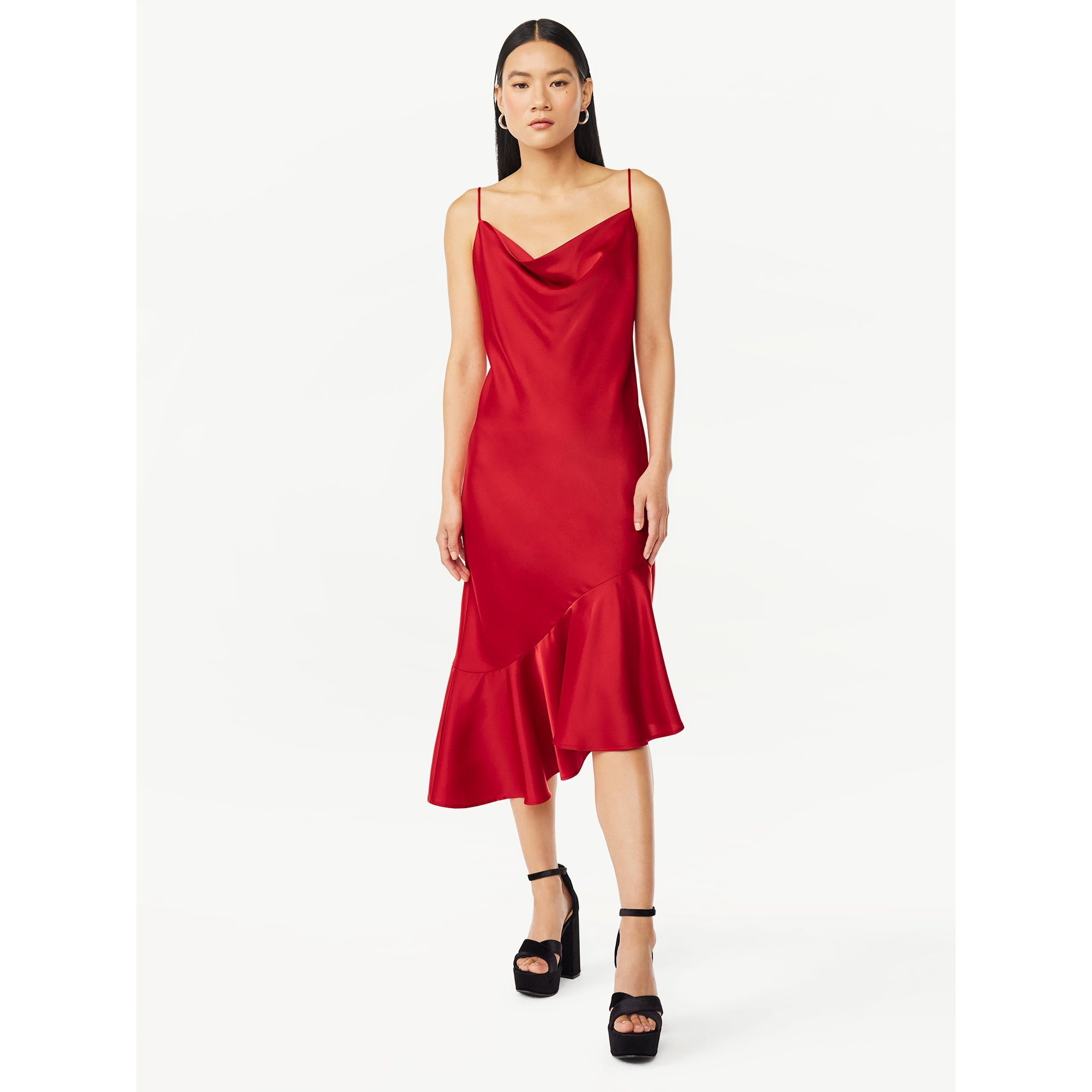Scoop Women’s Asymmetrical Satin Ruffle Cami Dress, Sizes XS-XXL | Walmart (US)