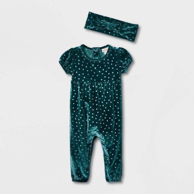 Baby Girls' Dot Velour Short Sleeve Romper - Cat & Jack™ Green | Target