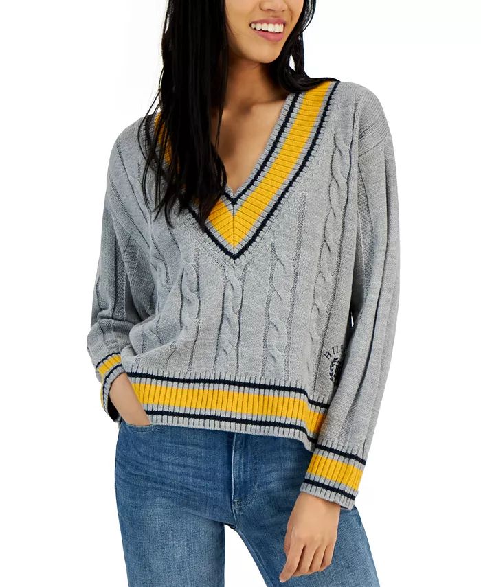 Tommy Hilfiger Women's Cable-Knit Stripes Cropped Sweater - Macy's | Macy's