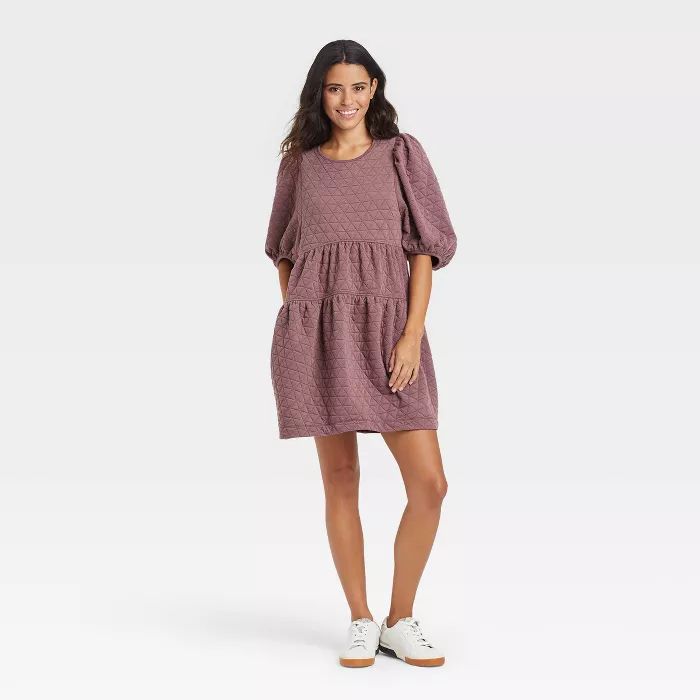 Women&#39;s Balloon 3/4 Sleeve Quilted Dress - A New Day&#8482; Mauve M | Target
