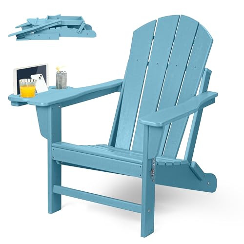 FOOWIN Folding Adirondack Chair, HDPE Adirondack Chairs with Cup Holder, Weather Resistant Plastic Fire Pit Chairs for Outdoor, Patio, Lawn, Garden, Backyard, Deck, Light Blue | Amazon (US)