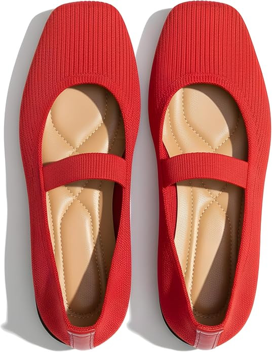 REFRASE LIFE Mary Jane Flats for Women, Breathable Knit Square Toe Ballet Flats with Elastic Stra... | Amazon (US)