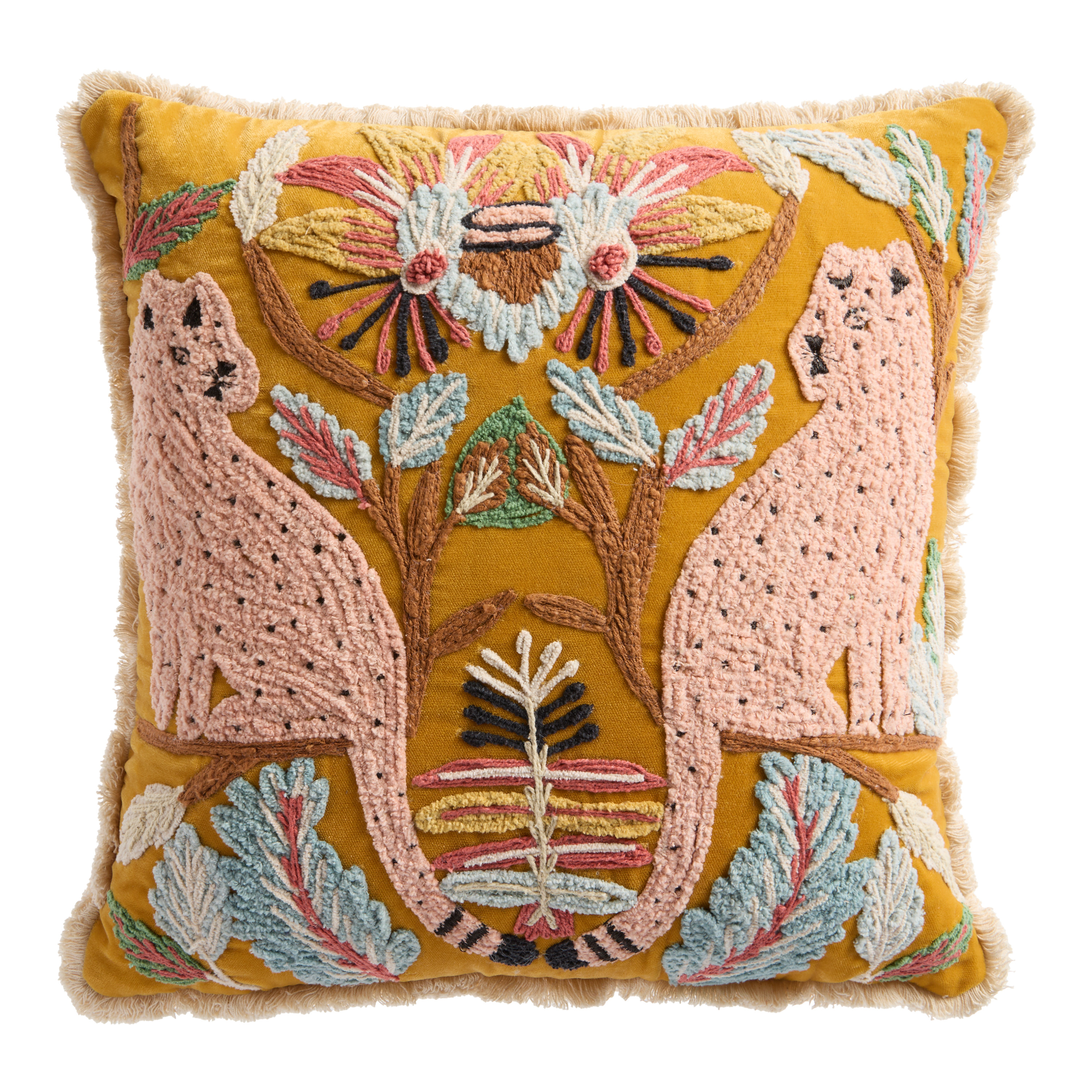 Mustard Velvet Tropical Cheetah Embroidered Throw Pillow | World Market