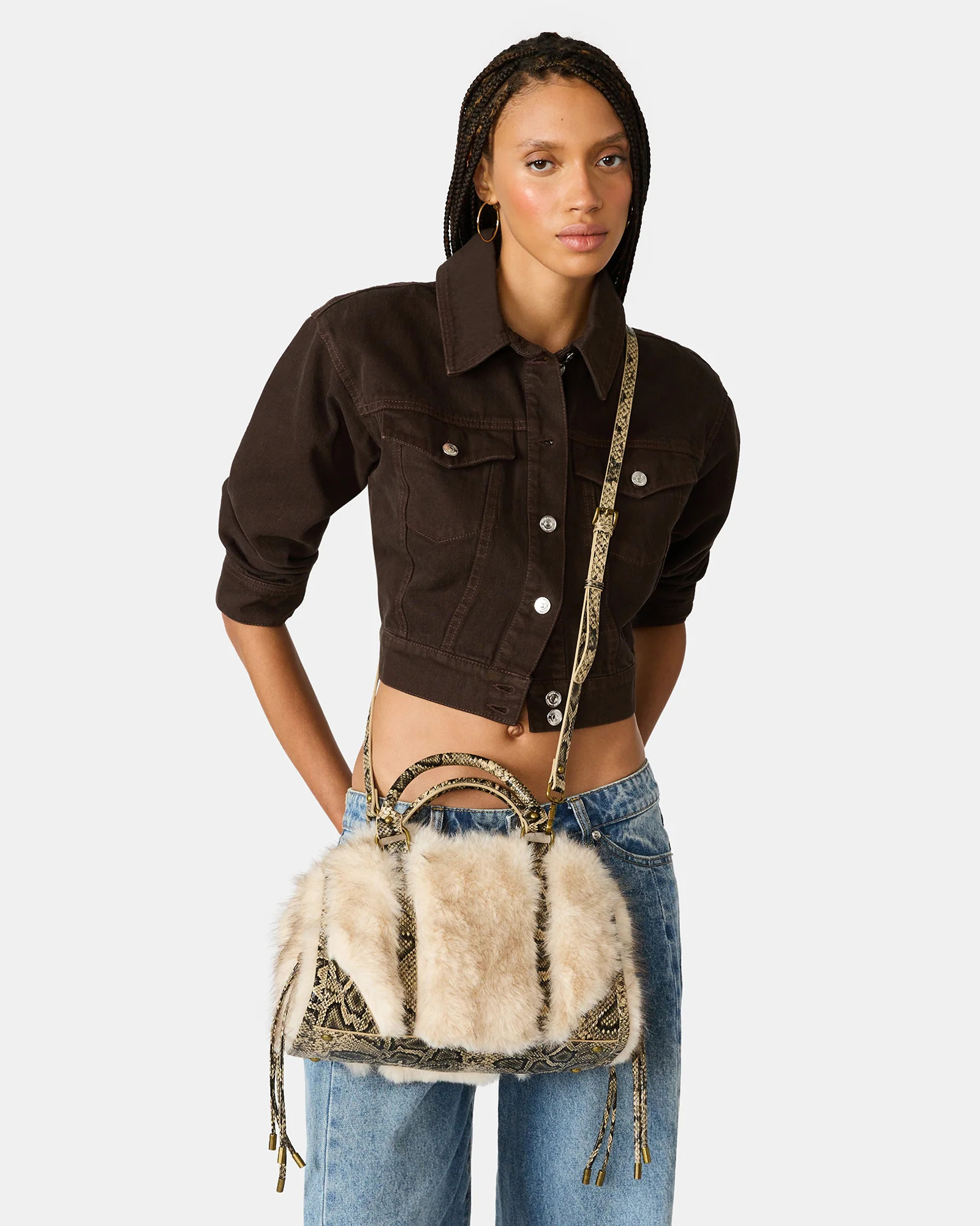 RIGGS Faux Fur Natural Top-Handle Crossbody Satchel Handbag | Steve Madden (US)