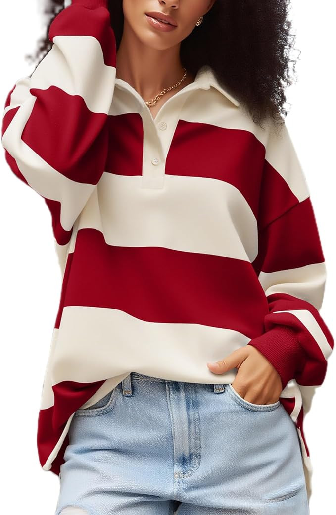 Women Striped Polo Shirt Y2K Oversized Long Sleeve Collared Pullover Jersey Sweater Vintage Loose... | Amazon (US)