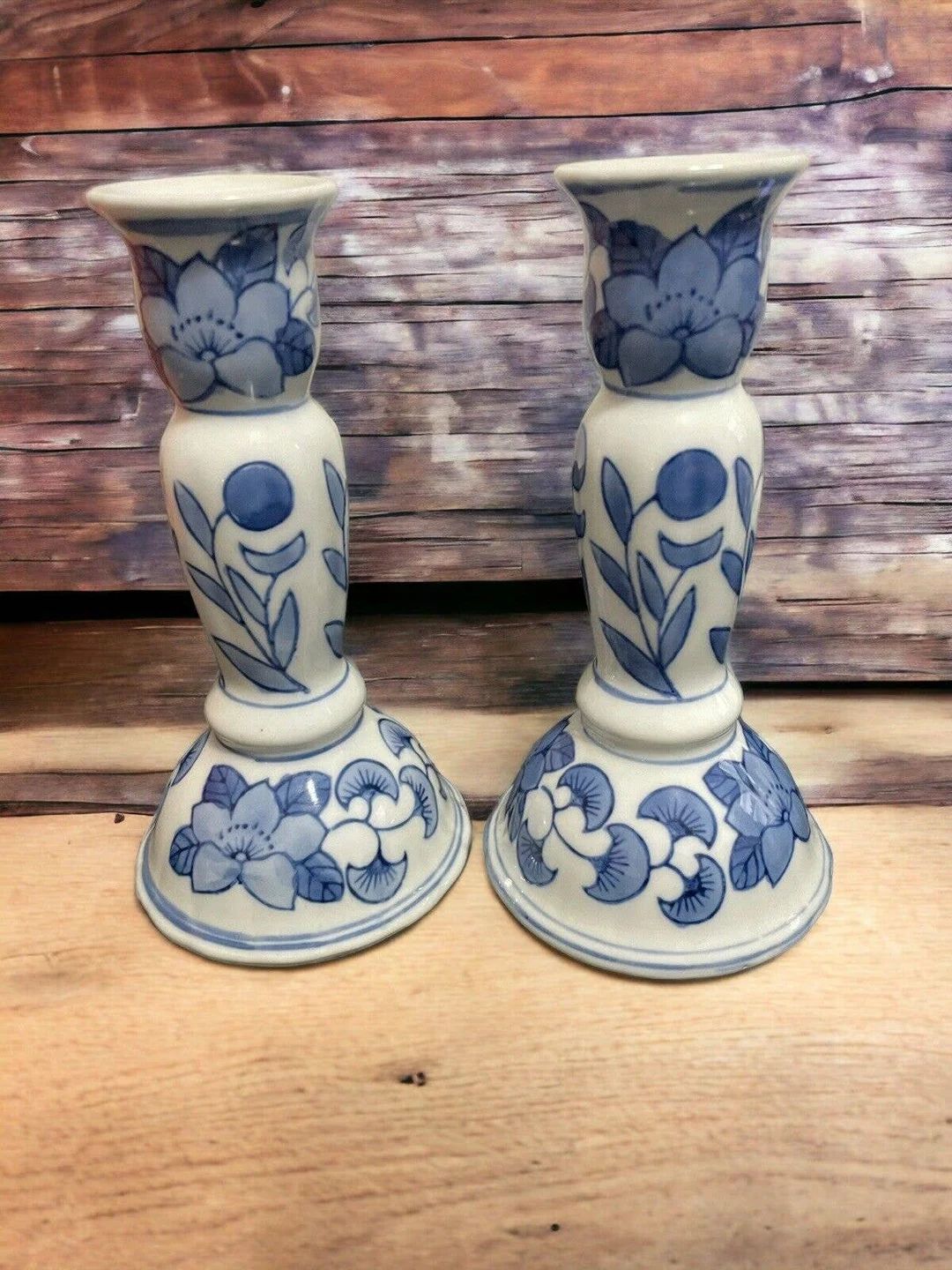 Set of 2 vintage Ceramic Blue and White Floral Candle Stick Holders - Etsy | Etsy (US)