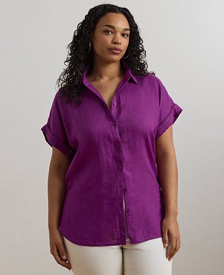 Lauren Ralph Lauren Plus Size Relaxed-Fit Linen Short-Sleeve Shirt - Macy's | Macy's
