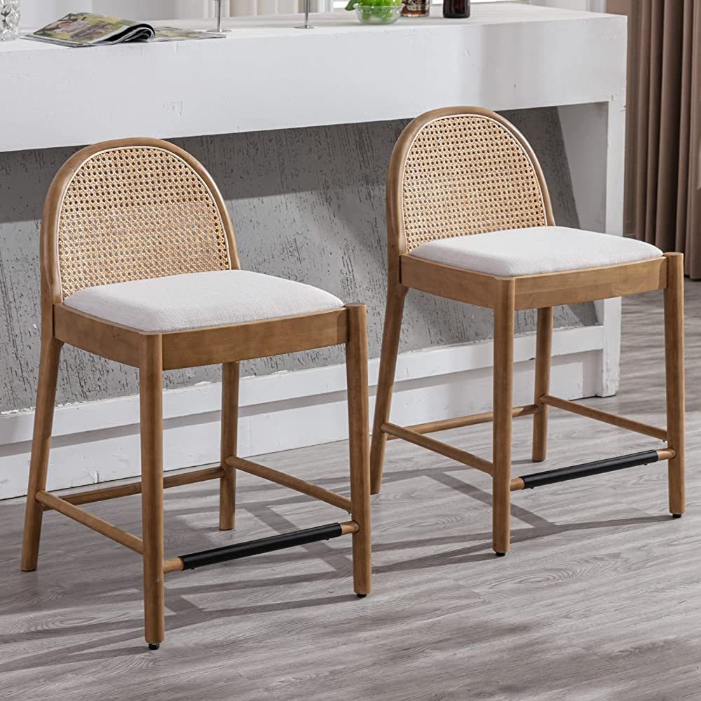 LukeAlon Modern Linen Counter Stools Set of 2, 26" Seat Height Low Bar Stools with Wooden Legs Na... | Amazon (US)