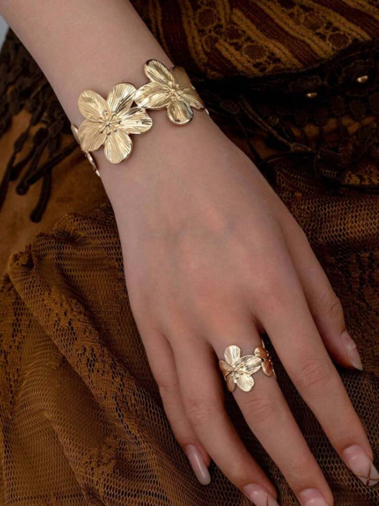 1set Vintage Floral & Leaf Design Bangle And Ring Fashion Jewelry Set For Women | SHEIN