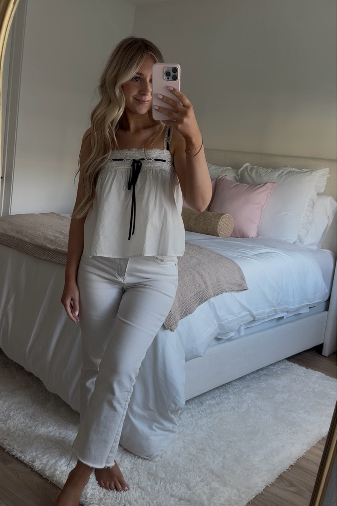 love an all-white outfit for summer 🤍 

summer outfit inspo | white jeans | straight leg jeans | under $100 | white babydoll top | white denim | casual summer outfit | summer style | daytime outfit | 