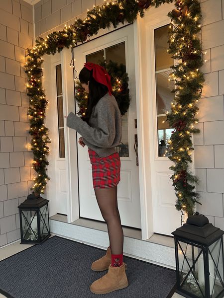 Red amazon hair bow & holiday ralph lauren socks #abercrombie #sweater #preppy #holidayoutfit #christmasoutfit